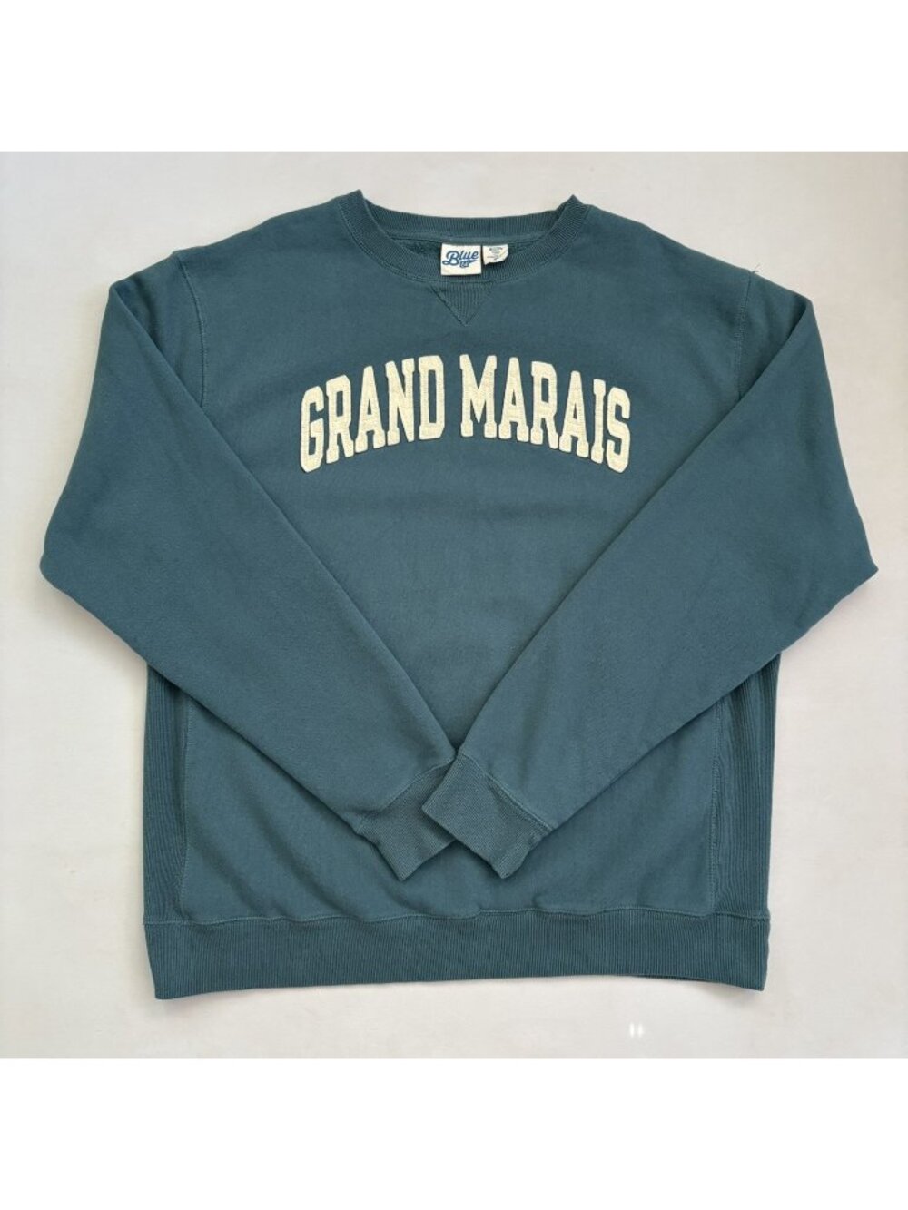 Men's XL Teal Blue Grand Marais Crewneck Pullover Sweatshirt Blue 84 Appliqué